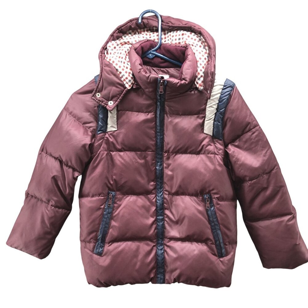 Annil Boys Size 7-8 Down Puffer Jacket‎ Burgundy Hooded Convertible Sleeve Zip